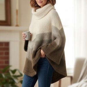 Vintage 70s IceWool 100% Pure New Wool CowlNeck Sweater Cream Brown Flare Sleeve